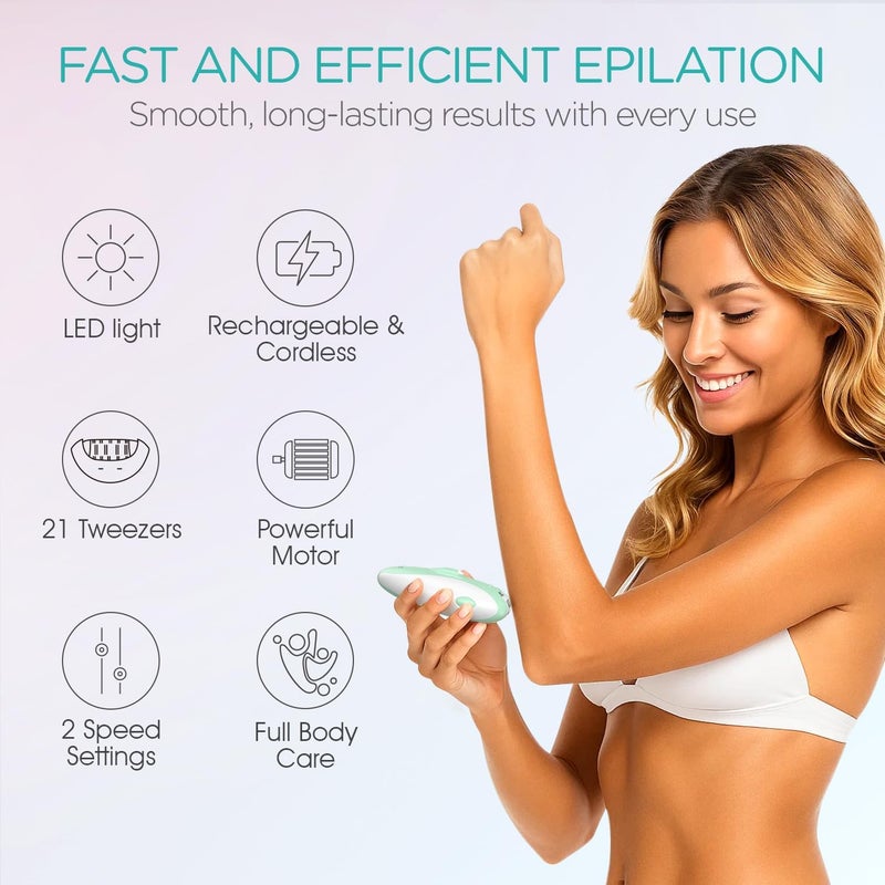VOGOE Epilators Hair Removal for Women with 21 Tweezers & LED Light, 2 Speeds Cordless Epilator for Women, Electric Hair Removal Epilators Rechargeable for Arms & Legs HR110 (Light Green) - Image 2